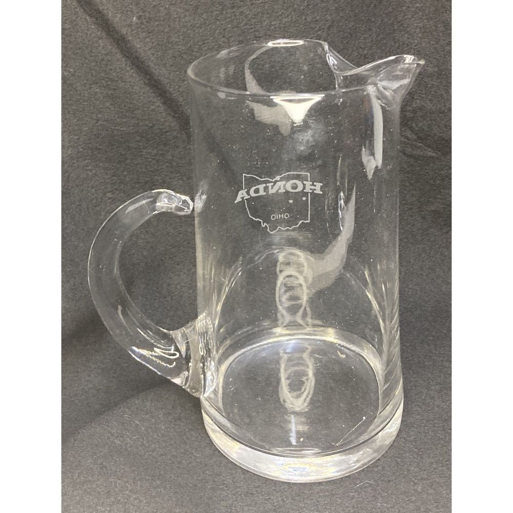 Honda Heavy Clear Glass Pitcher Etched Logo - 8" Tall,  4.5" in Diameter Vintage